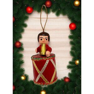 Vintage Wooden Drummer Boy Christmas Tree Ornament Red Drum & Gold Horn